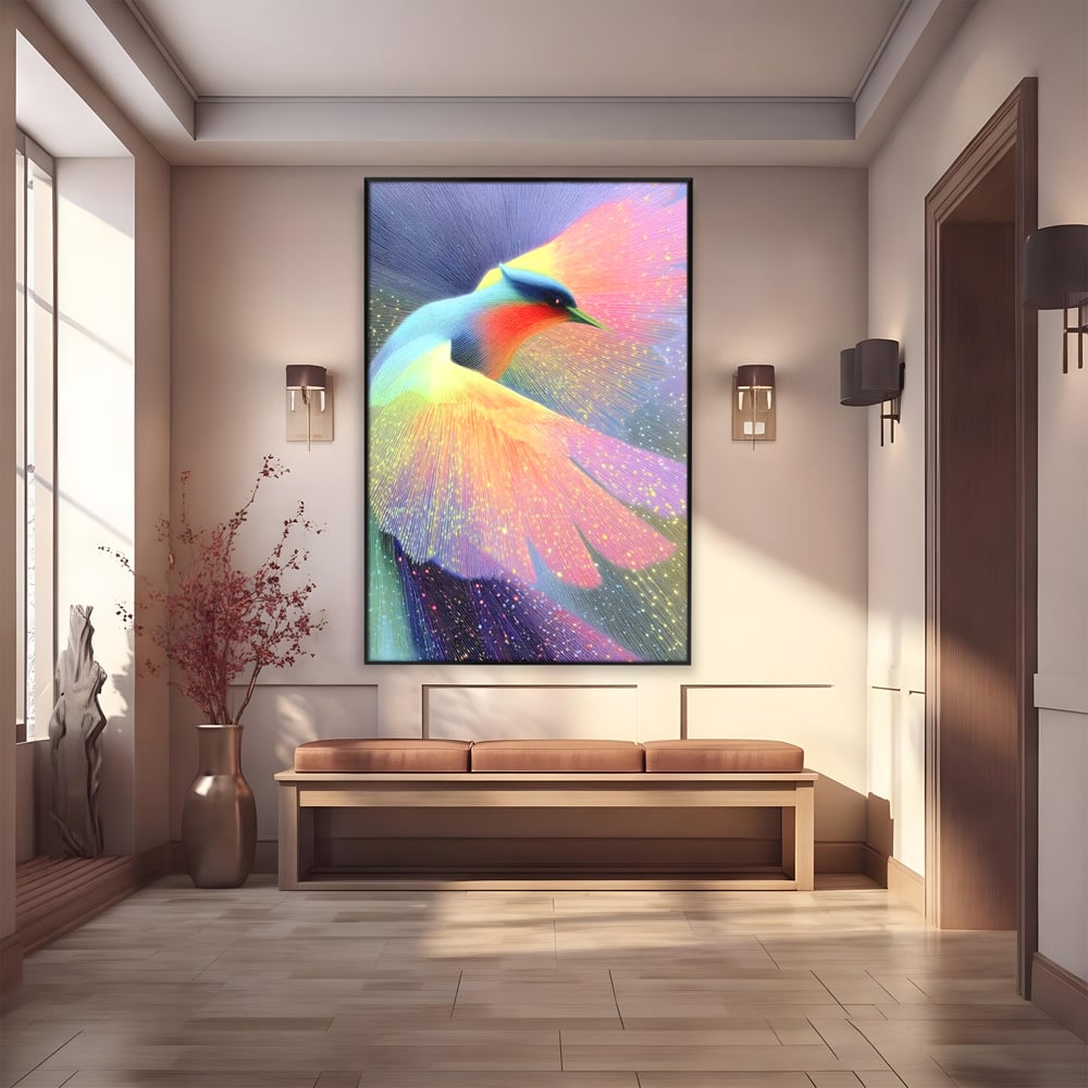 Tablou canvas cu tablou canvas cu pasare colorata in zbor, in rama de aluminiu negru